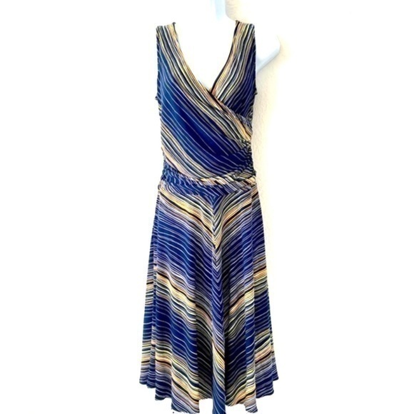 Nwot Bcbgmaxazria Navy Striped Jersey Knit Plunge Tank Dress Full Skirt Szm